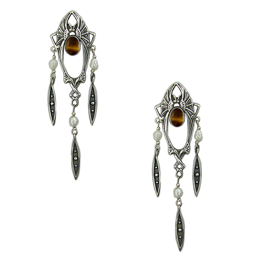 Sterling Silver Art Deco Drop Dangle Post Stud Earrings With Tiger Eye